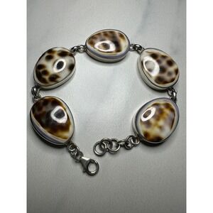 925 Sterling Silver Cowrie Shell Link Bracelet Spotted Brown Cream Cabochon 28g‎
